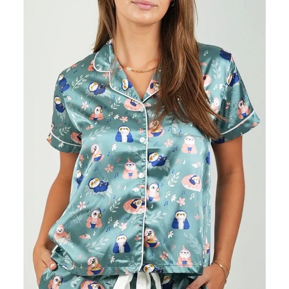 NWT Sloth Satin Pajama Top Girls XL Teal Kawaii Sleep Shirt